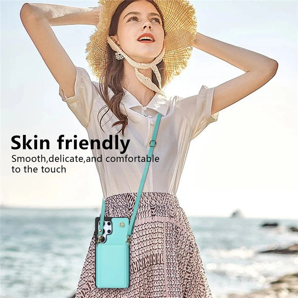 For Samsung Galaxy S25 Ultra Case Tri-Fold Card Holder Kickstand TPU + Leather Back Cover with Shoulder Strap - Green - 7