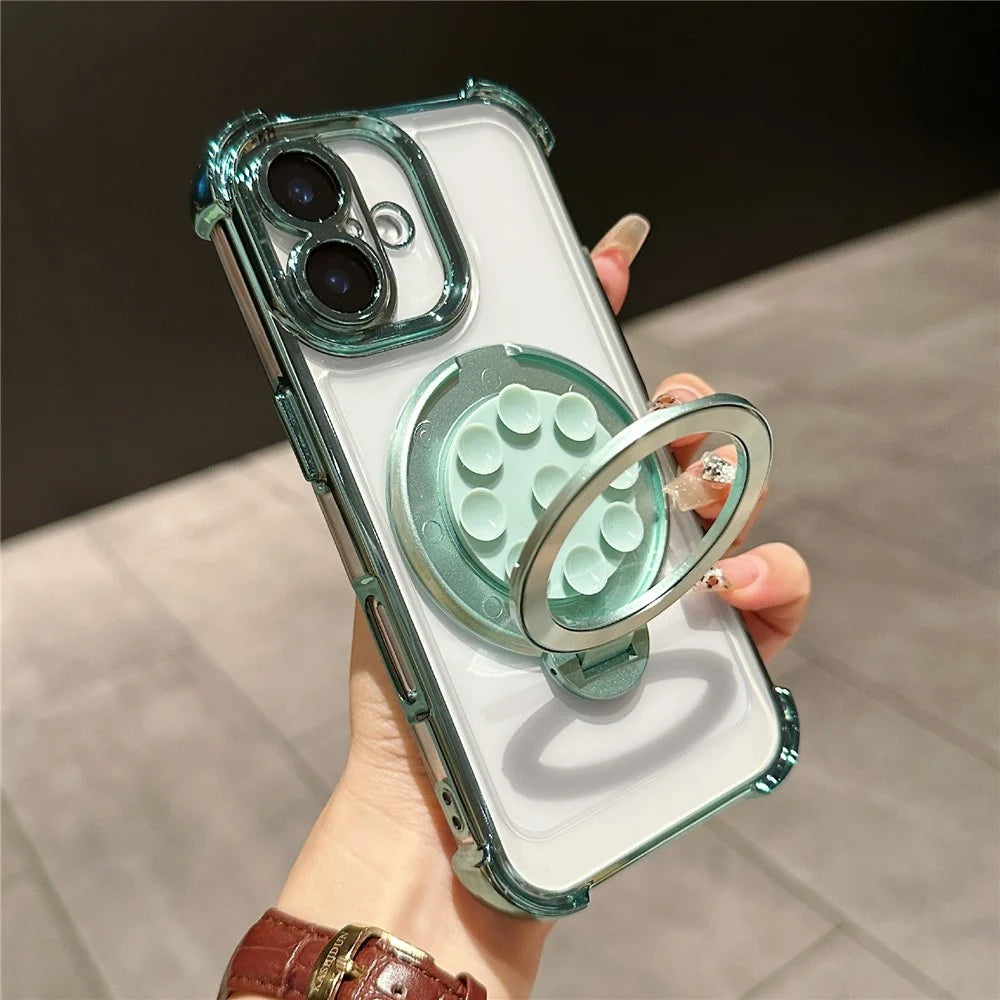 For iPhone 16 Plus Magnetic Case Suction Cup Kickstand PC Phone Cover with Four Corner Airbag - Cyan - 1