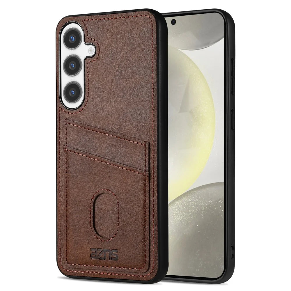 AZNS K1 Series For Samsung Galaxy S24 FE Case Calf Texture Anti-Drop PU+TPU Phone Cover with 2 Card Slot - Coffee - 1