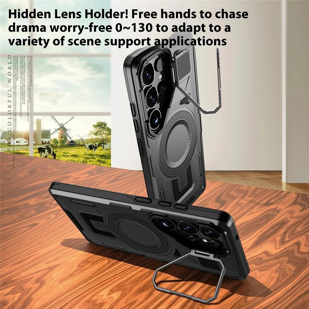 For Samsung Galaxy S25 Ultra Magnetic Case Hollow Lens Frame Kickstand PC + TPU Phone Cover - Black - 2