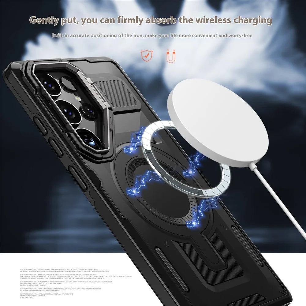 For Samsung Galaxy S25 Ultra Magnetic Case Hollow Lens Frame Kickstand PC + TPU Phone Cover - Black - 3