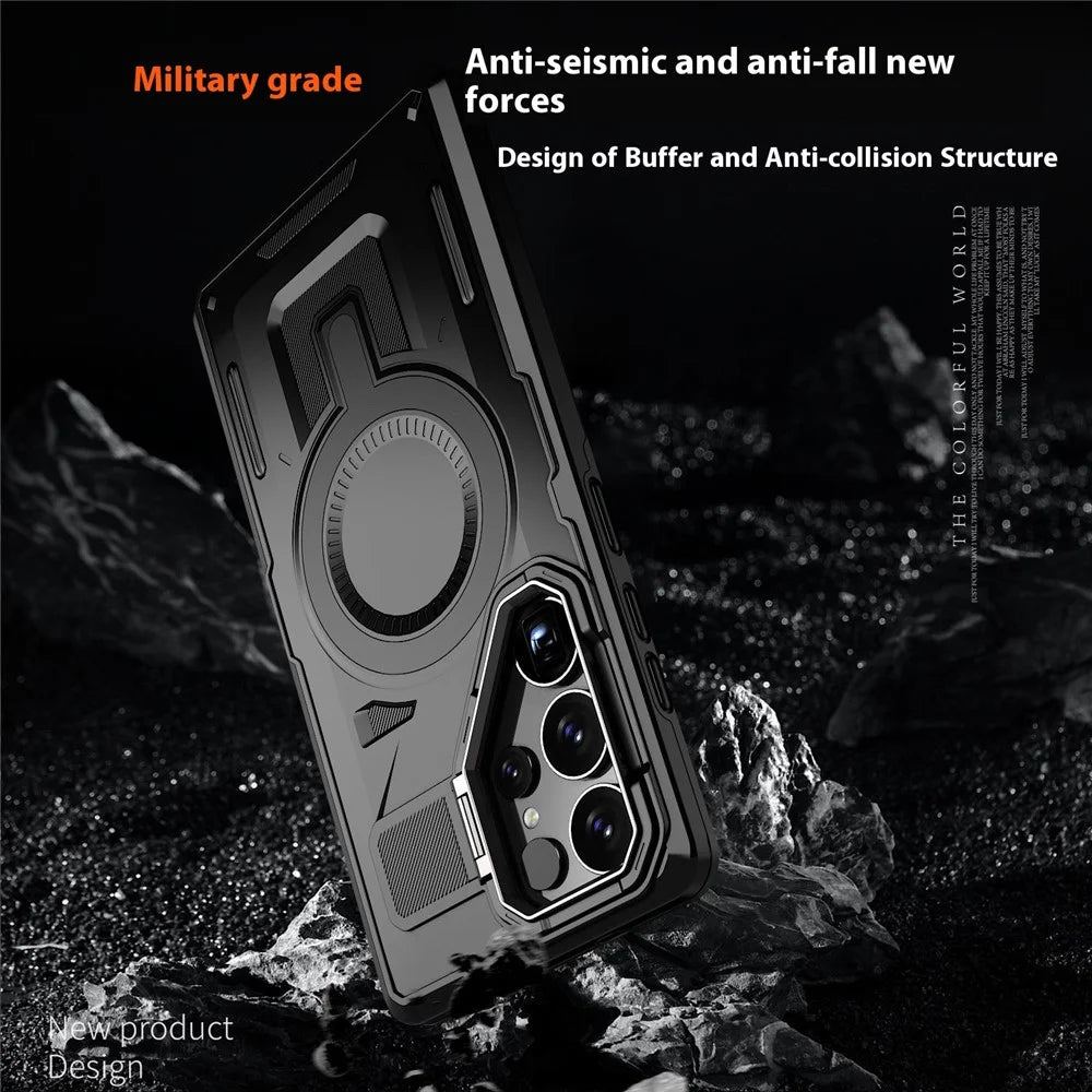 For Samsung Galaxy S25 Ultra Magnetic Case Hollow Lens Frame Kickstand PC + TPU Phone Cover - Black - 7