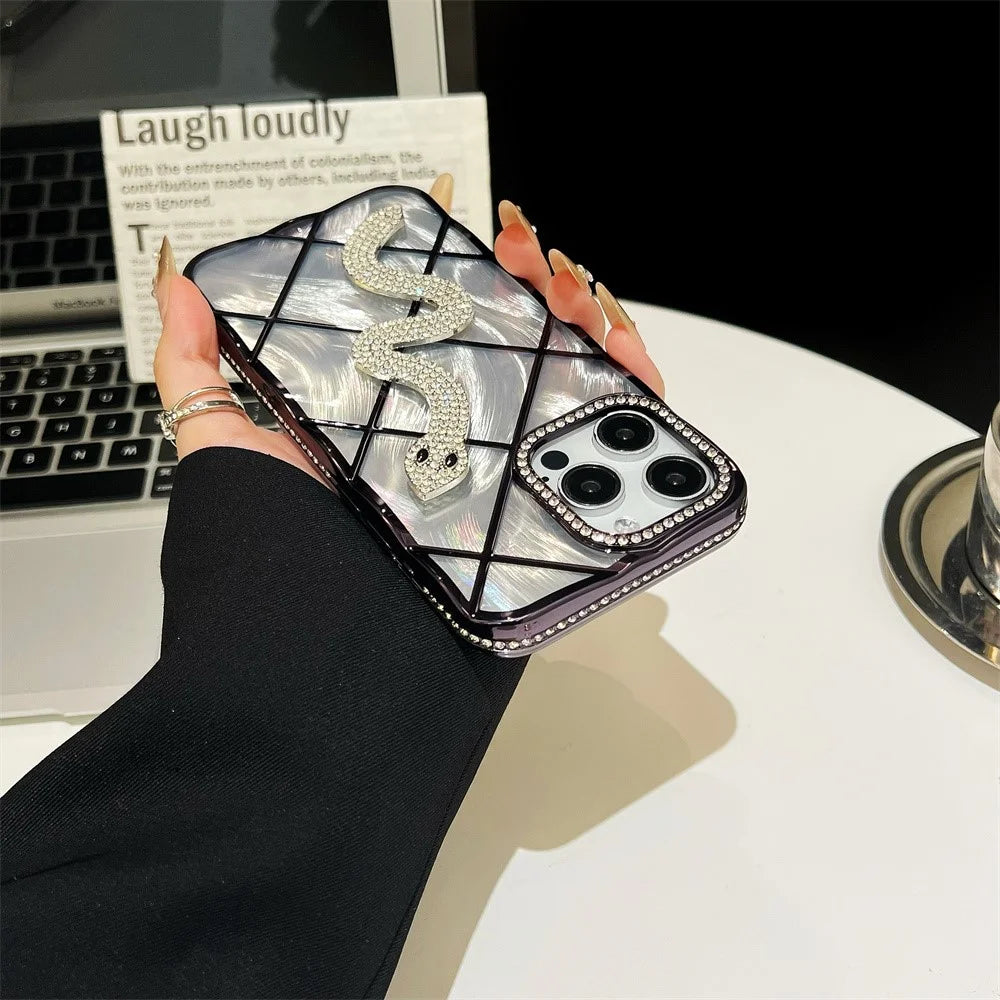 For iPhone 15 Pro Max Case Snake Rhinestones Decor TPU Phone Cover with Luster Card Paper Rhombic Pattern - Purple - 3