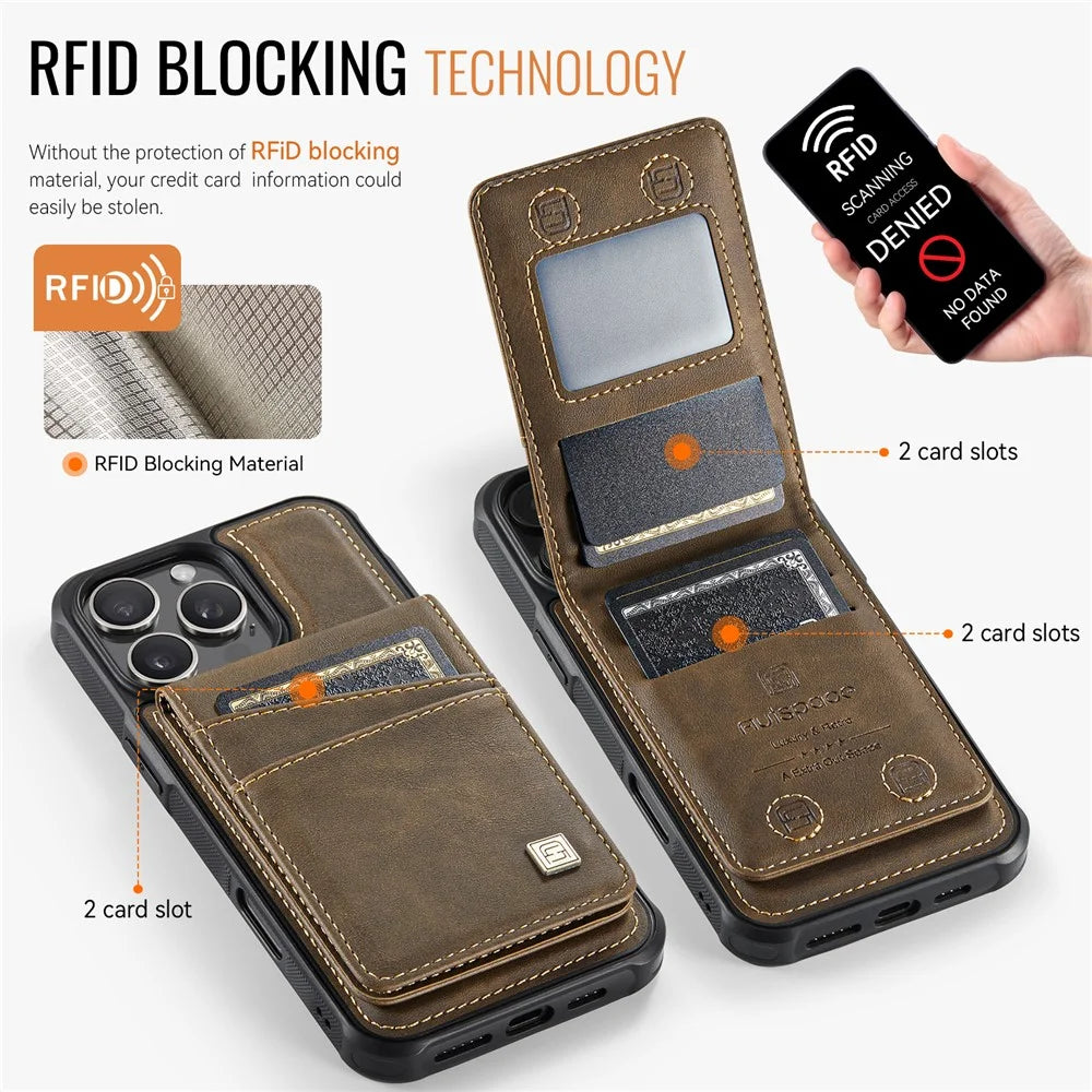 AUTSPACE For iPhone 16 Pro Case  A12 Leather Back Cover with Magnetic Detachable Card Bag Kickstand - Coffee - 5