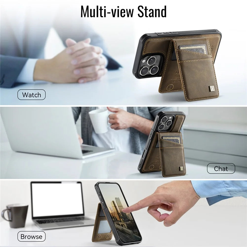 AUTSPACE For iPhone 16 Pro Case  A12 Leather Back Cover with Magnetic Detachable Card Bag Kickstand - Coffee - 6