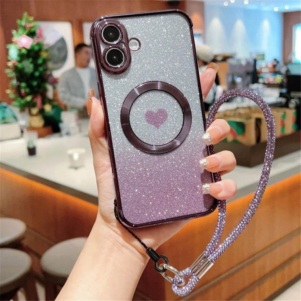 For iPhone 16 Case Compatible with MagSafe TPU Phone Cover with Strap Heart Gradient Sparkle - Dark Purple - 1