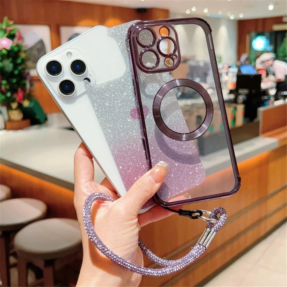 For iPhone 16 Case Compatible with MagSafe TPU Phone Cover with Strap Heart Gradient Sparkle - Dark Purple - 3