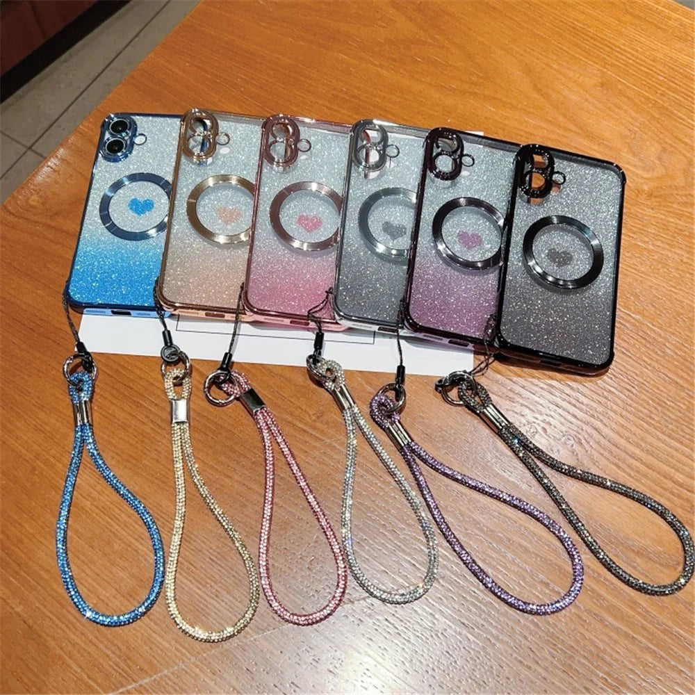 For iPhone 16 Case Compatible with MagSafe TPU Phone Cover with Strap Heart Gradient Sparkle - Dark Purple - 4