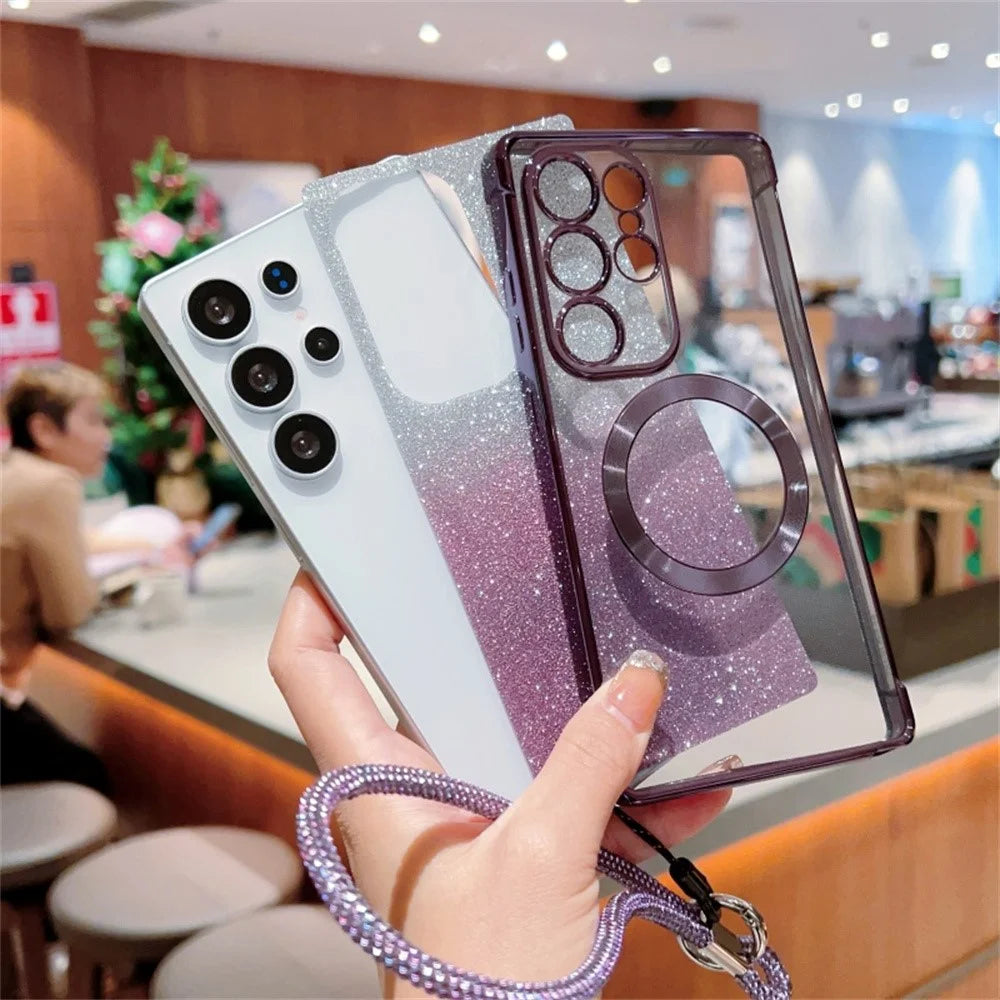 For Samsung Galaxy S25 Magnetic Case Electroplated Gradient Glitter Phone Cover with Lanyard - Gold - 2