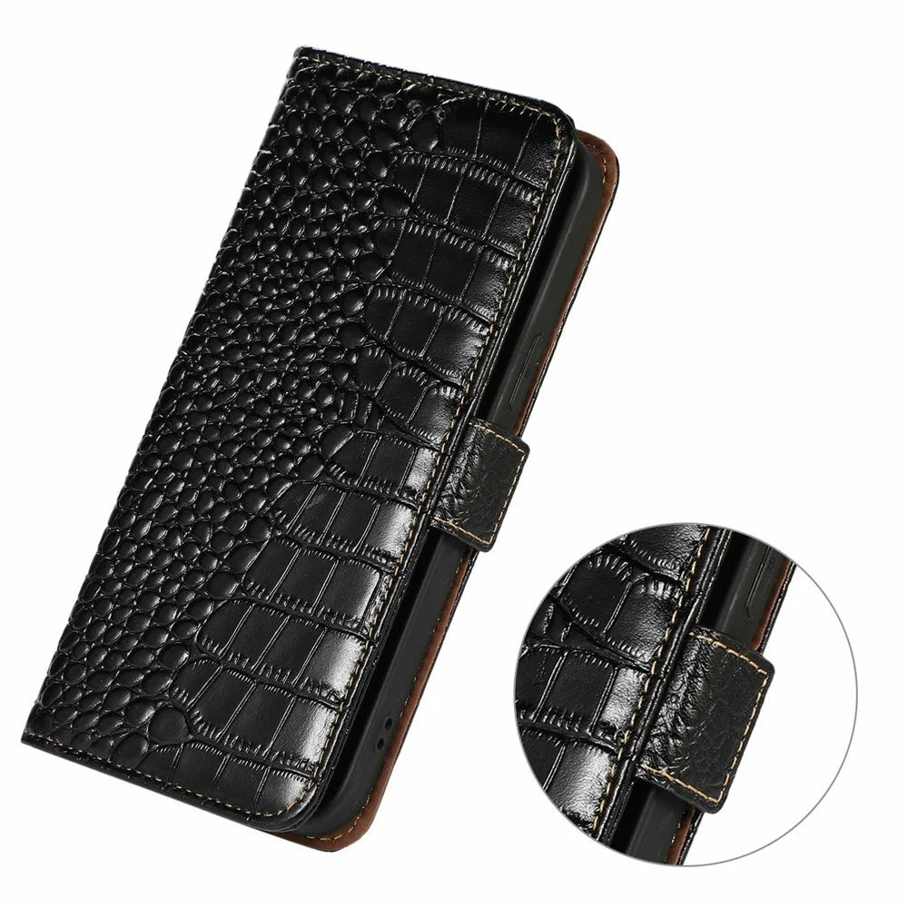 Genuine Cow Leather Phone Case for OnePlus Ace 5 Pro 5G / Ace 5 5G / 13R 5G Crocodile Texture Phone Wallet Cover - Black - 5