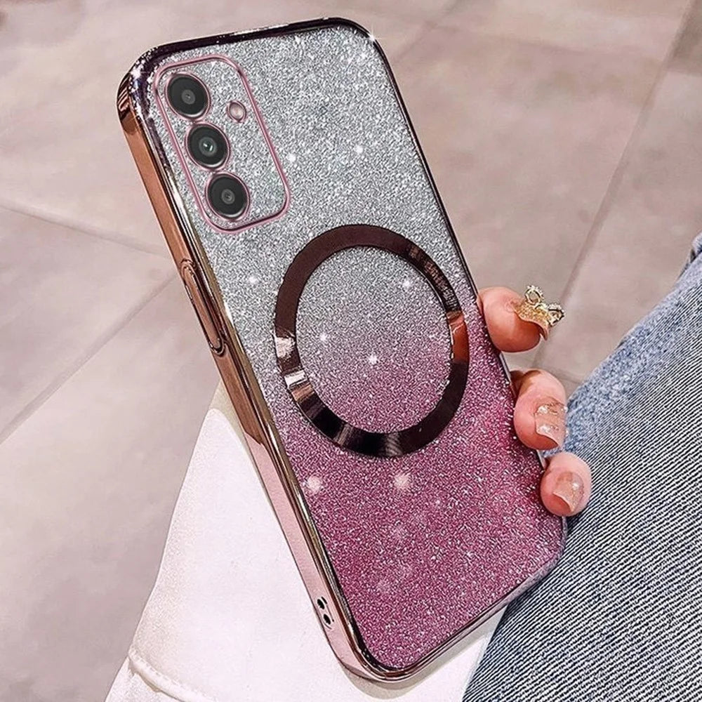 For Samsung Galaxy A24 4G (162.1mm) Magnetic Case Electroplated Gradient Glitter TPU Phone Cover - Rose Gold - 1