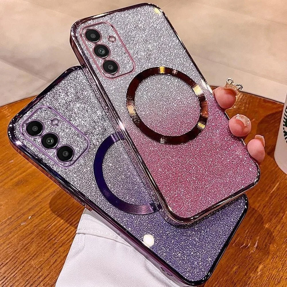 For Samsung Galaxy A14 5G  /  4G Magnetic Case Electroplated Gradient Glitter TPU Phone Cover - Rose Gold - 3