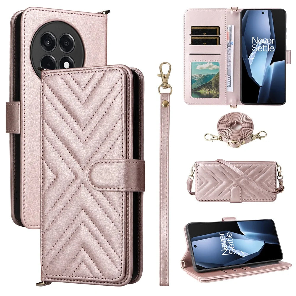 Wallet Phone Case for OnePlus Ace 5 5G / Ace 5 Pro 5G / 13R 5G Leather Phone Cover with Shoulder / Wrist Strap - Pink - 1