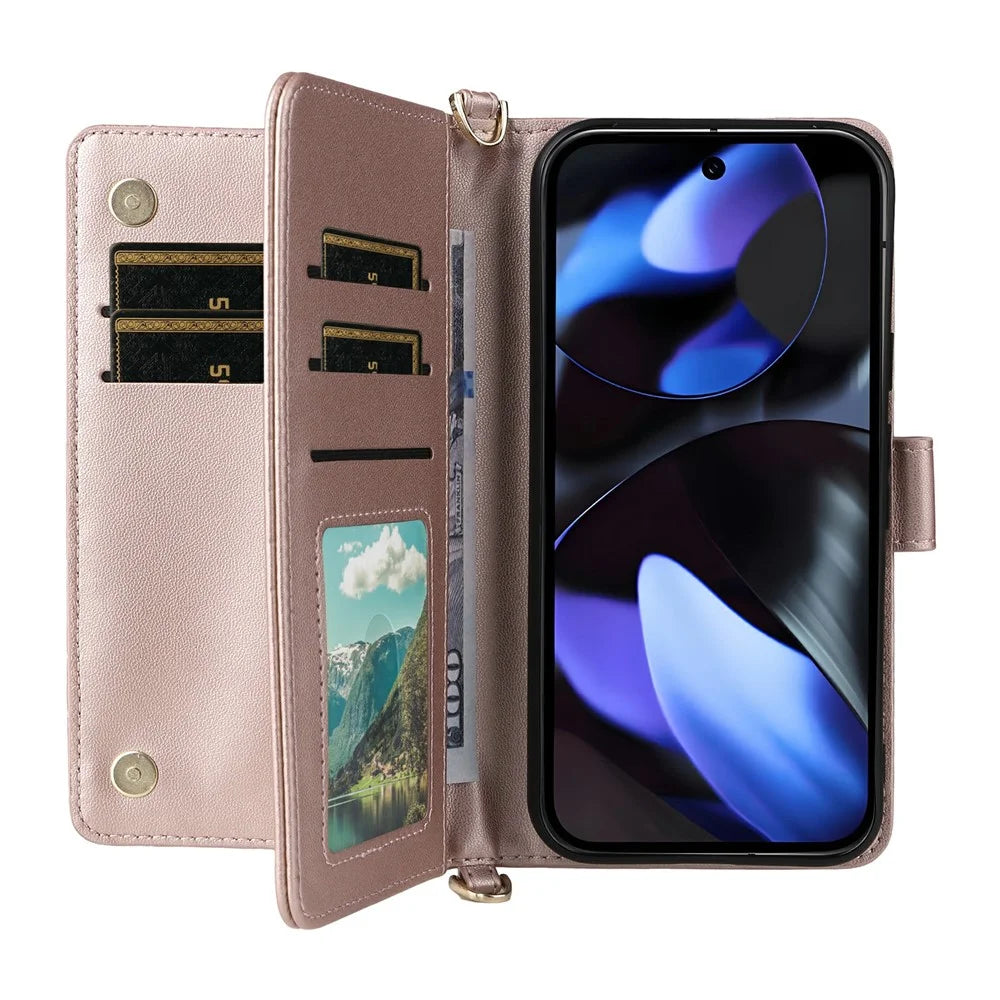 For Google Pixel 9 Pro / Pixel 9 Wallet Case with Shoulder / Wrist Strap Leather Phone Cover Stand - Pink - 2