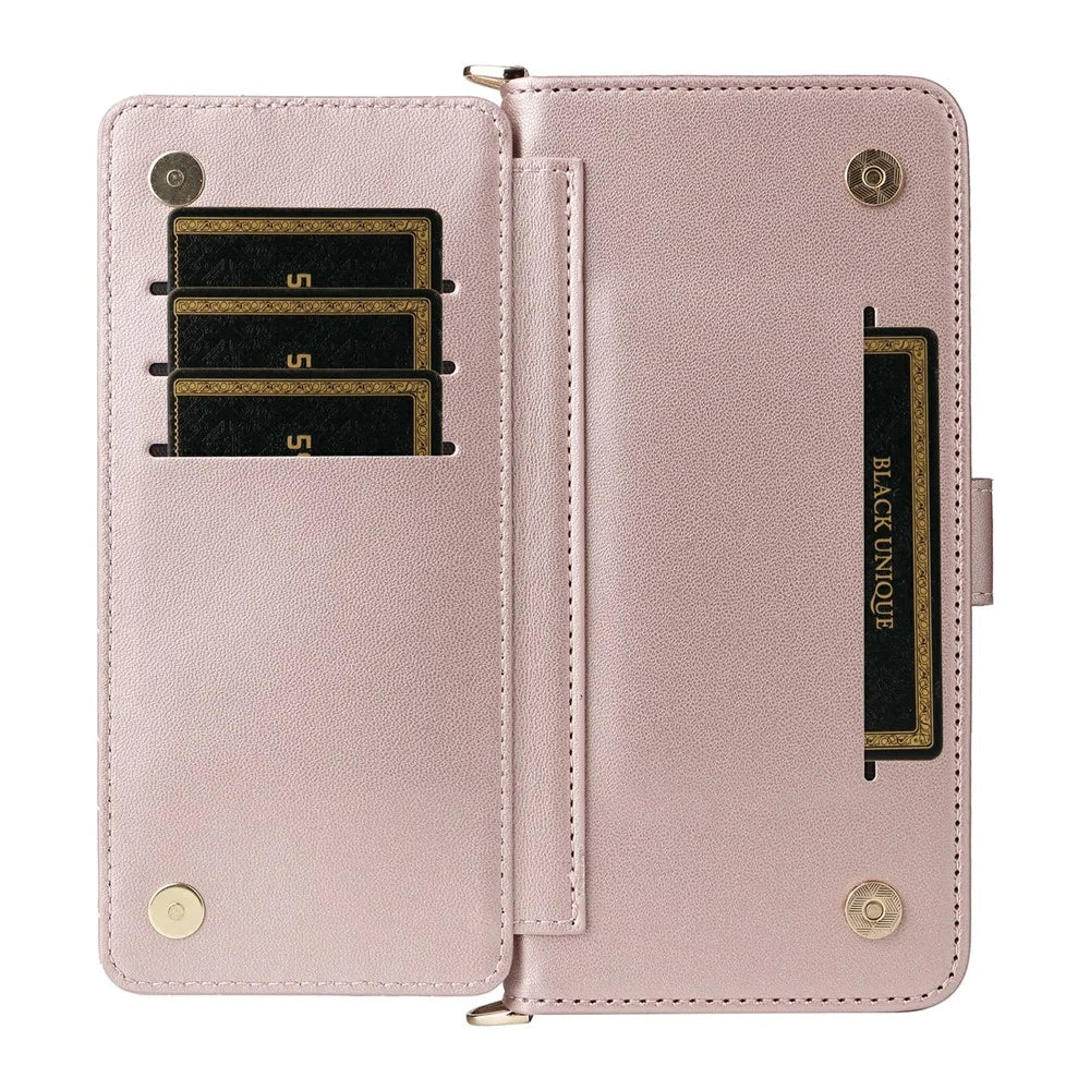 For Google Pixel 9 Pro / Pixel 9 Wallet Case with Shoulder / Wrist Strap Leather Phone Cover Stand - Pink - 3