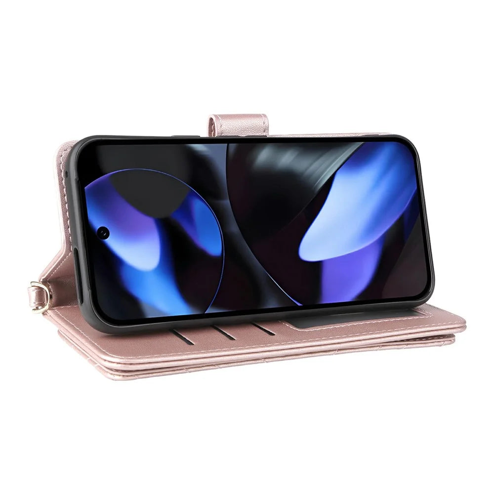 For Google Pixel 9 Pro / Pixel 9 Wallet Case with Shoulder / Wrist Strap Leather Phone Cover Stand - Pink - 5