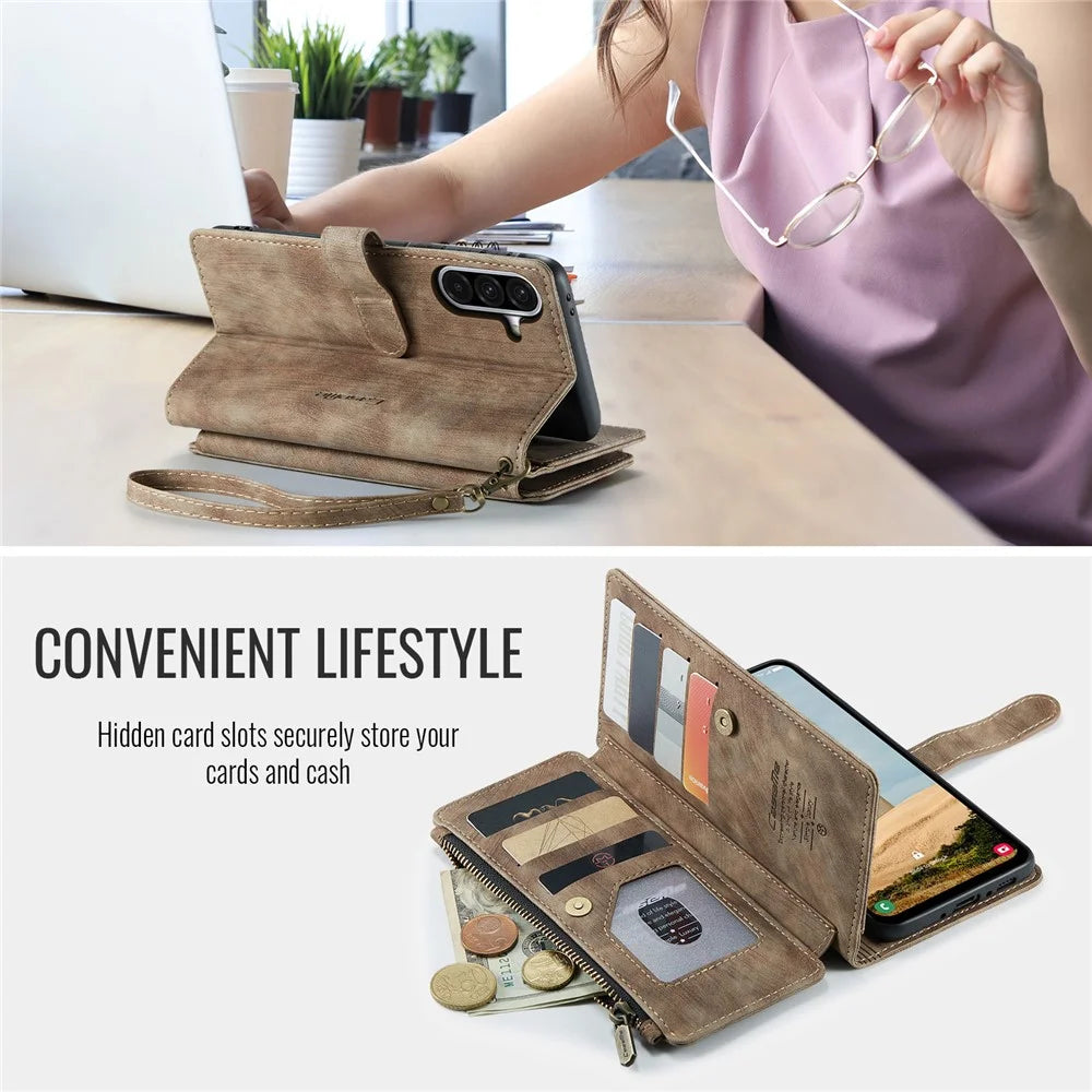 CASEME For Samsung Galaxy A36 5G Phone Cases with Strap  C30 Zipper Multiple Card Holder PU Leather Cover - Brown - 5