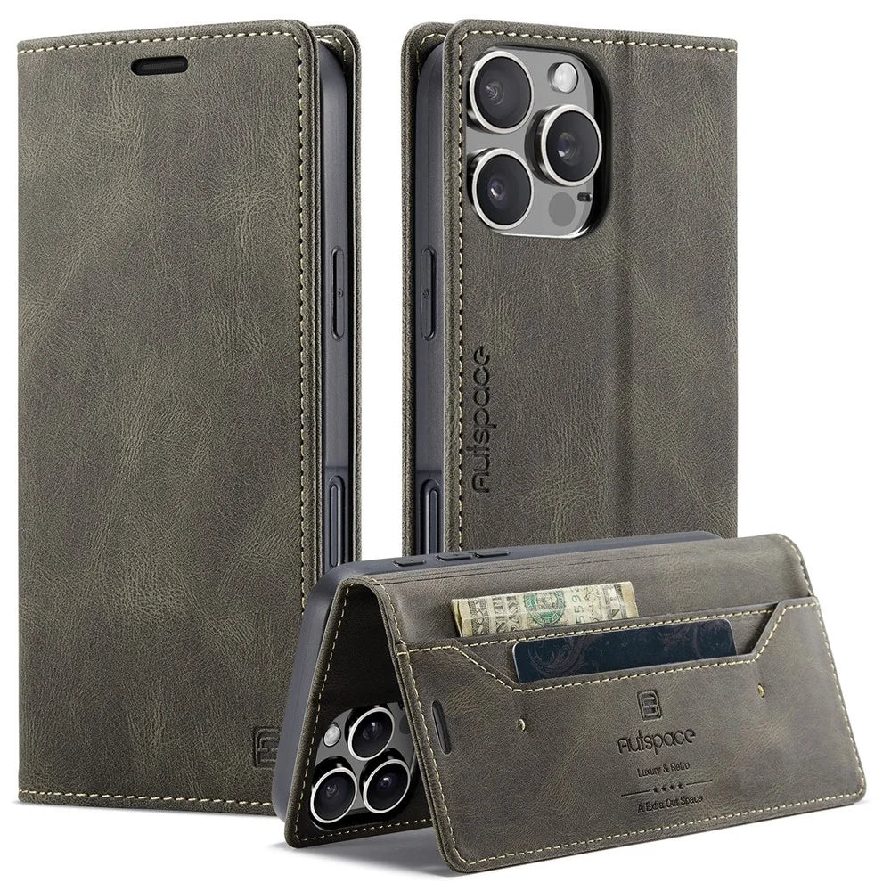 AUTSPACE For iPhone 16 Pro Max Wallet Case  A01 Leather Stand Cover with RFID Blocking Card Holder - Coffee - 1
