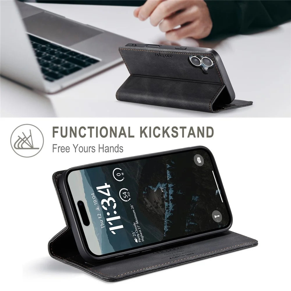 AUTSPACE For iPhone 16 Wallet Case  A01 Leather Stand Cover with RFID Blocking Card Holder - Black - 7