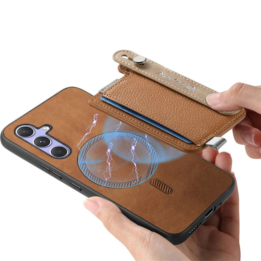 For Samsung Galaxy A16 4G / Galaxy A16 5G Magnetic Leather Back Case with Detachable Card Holder and Wristband - Brown - 6