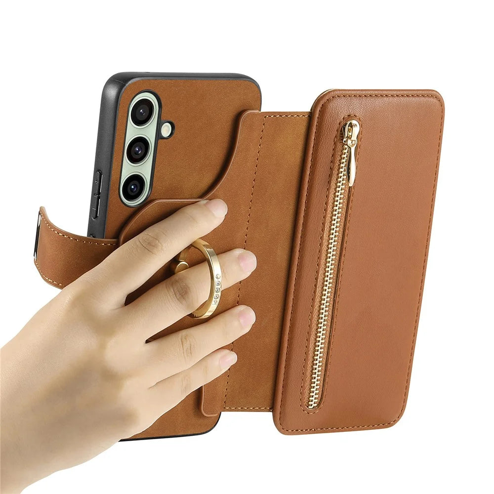 For Samsung Galaxy A35 5G Magnetic Leather Case with Detachable RFID Blocking Zipper Wallet Cover - Brown - 4