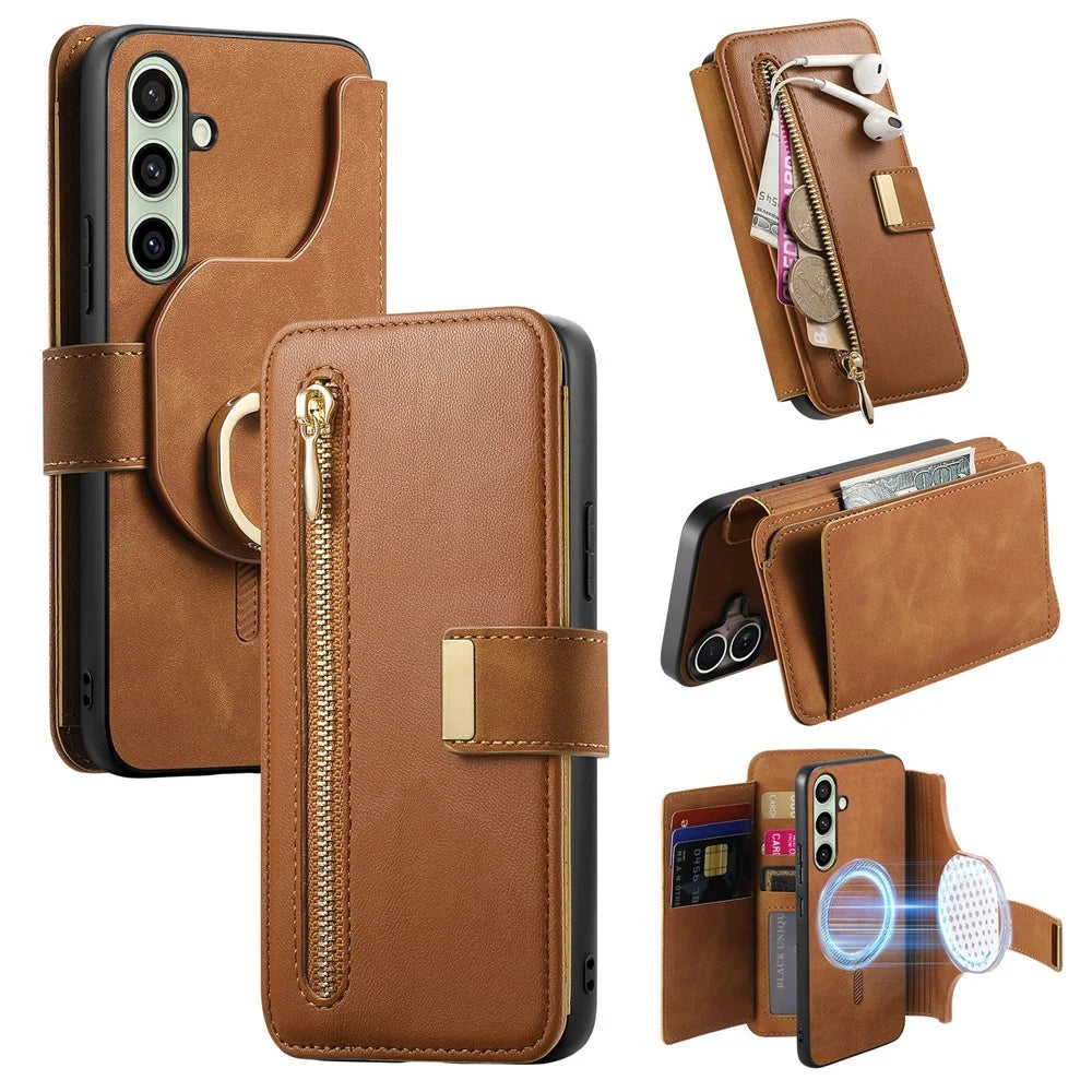For Samsung Galaxy A54 5G Magnetic Leather Case with Detachable RFID Blocking Zipper Wallet Cover - Brown - 1