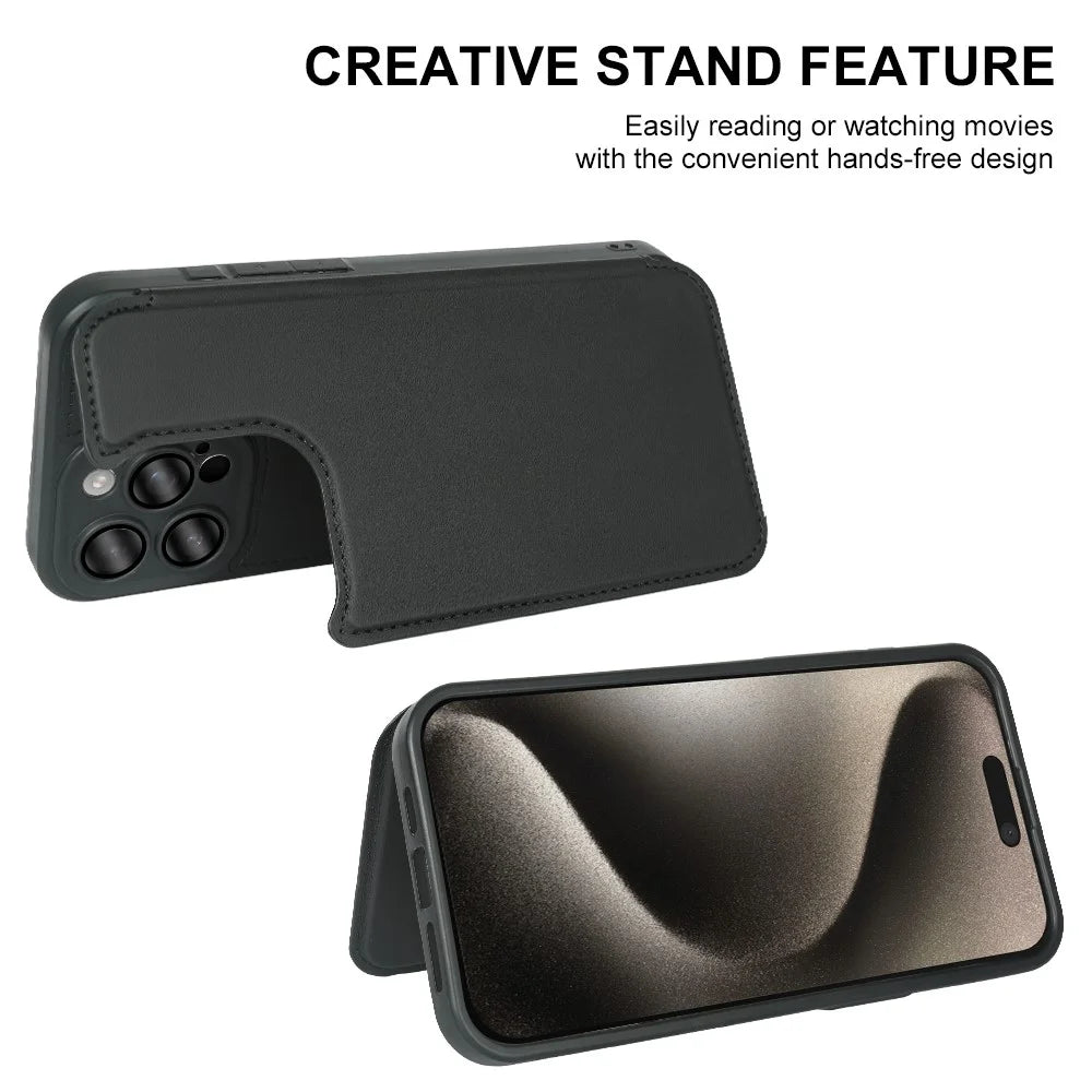 For iPhone 15 Pro Magnetic Case RCS Eco Friendly Flip Phone Cover with Kickstand RFID Blocking - Black - 3