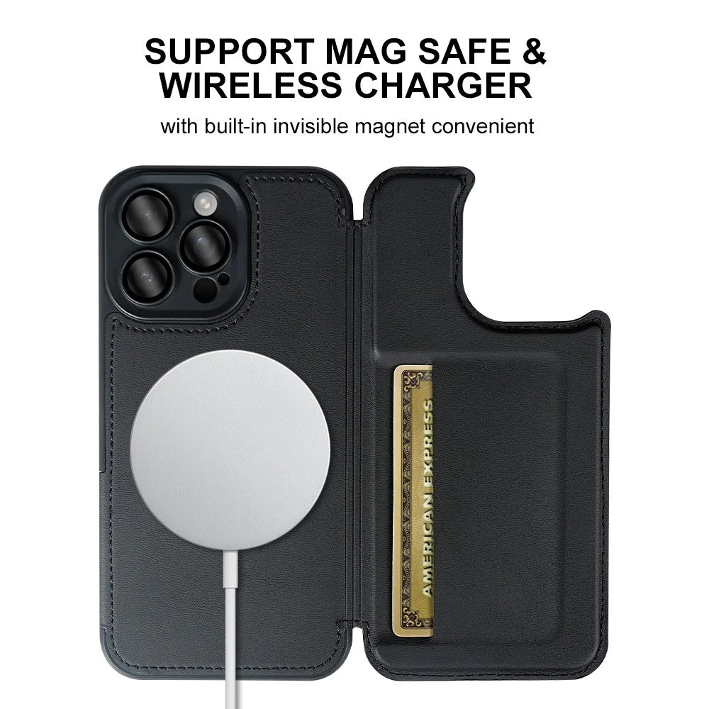 For iPhone 15 Pro Magnetic Case RCS Eco Friendly Flip Phone Cover with Kickstand RFID Blocking - Black - 7