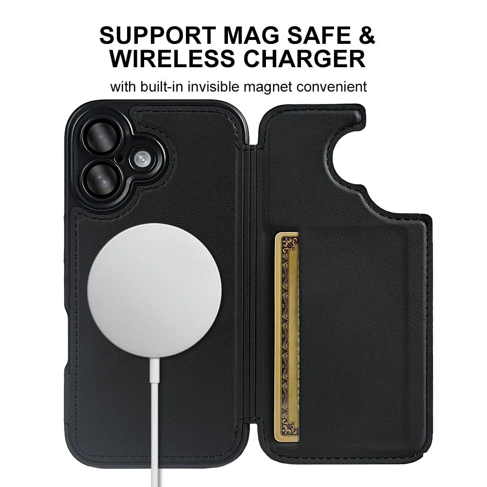 For iPhone 16 Magnetic Case RCS Eco Friendly Flip Phone Cover with Kickstand RFID Blocking - Black - 7