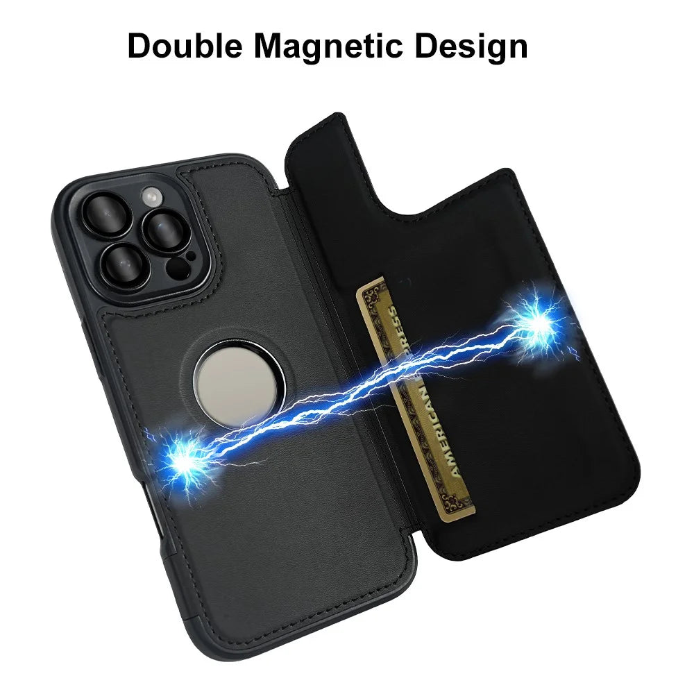 For iPhone 16 Pro Max Magnetic Case RCS Eco Friendly Flip Phone Cover with Kickstand RFID Blocking - Black - 2