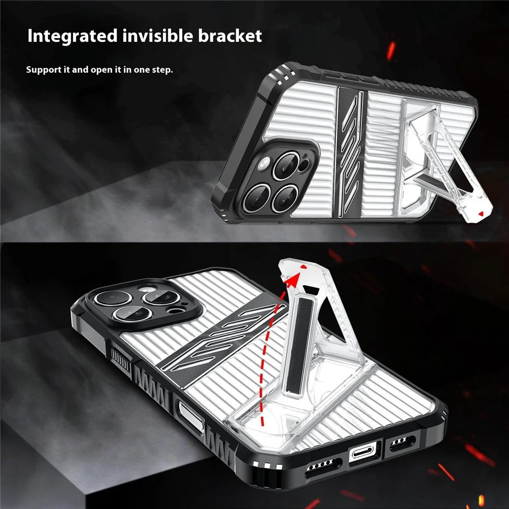 For iPhone 16 Pro Case Folding Kickstand PC + TPU Anti Drop Phone Cover - Transparent Black - 3