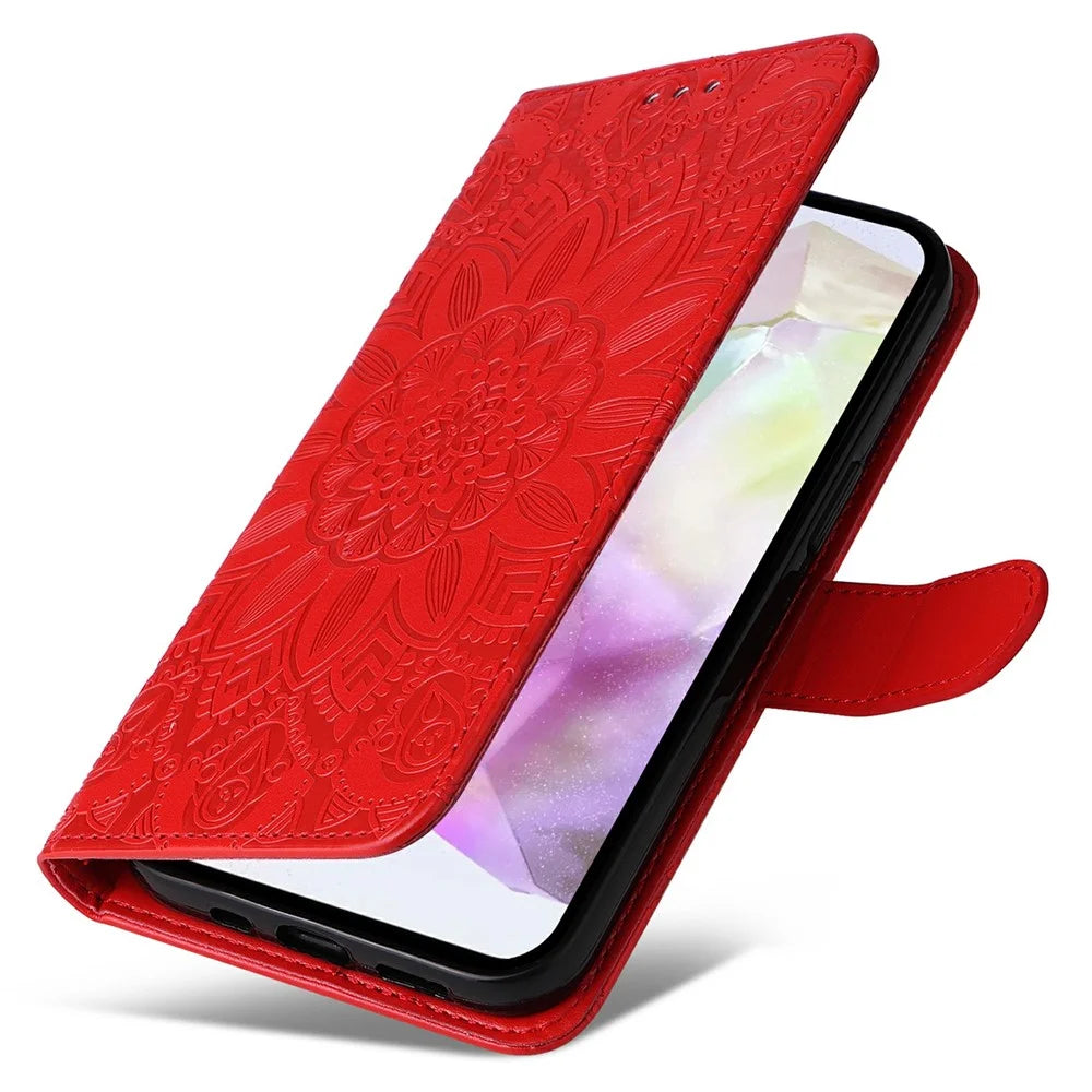 For Samsung Galaxy A56 5G Case Sunflower Imprint Leather Wallet Phone Cover - Red - 5