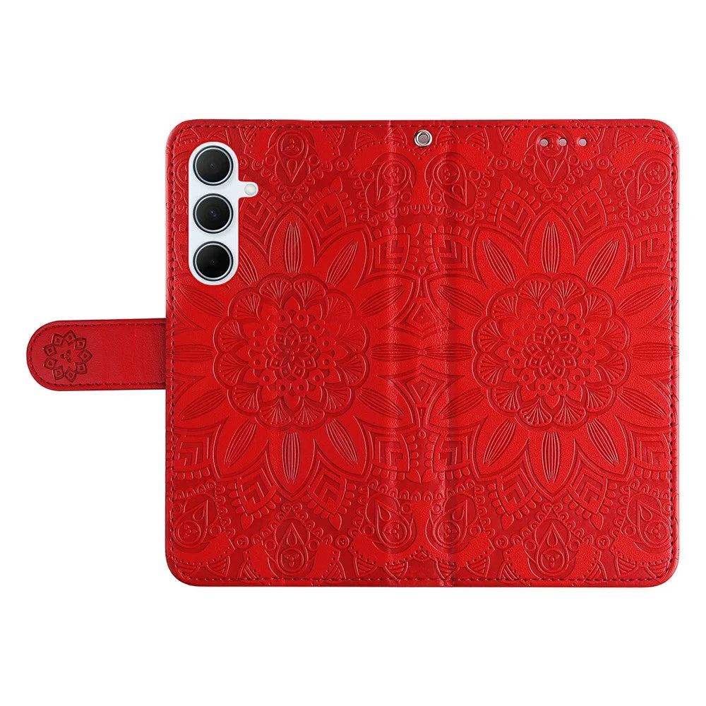 For Samsung Galaxy A56 5G Case Sunflower Imprint Leather Wallet Phone Cover - Red - 6