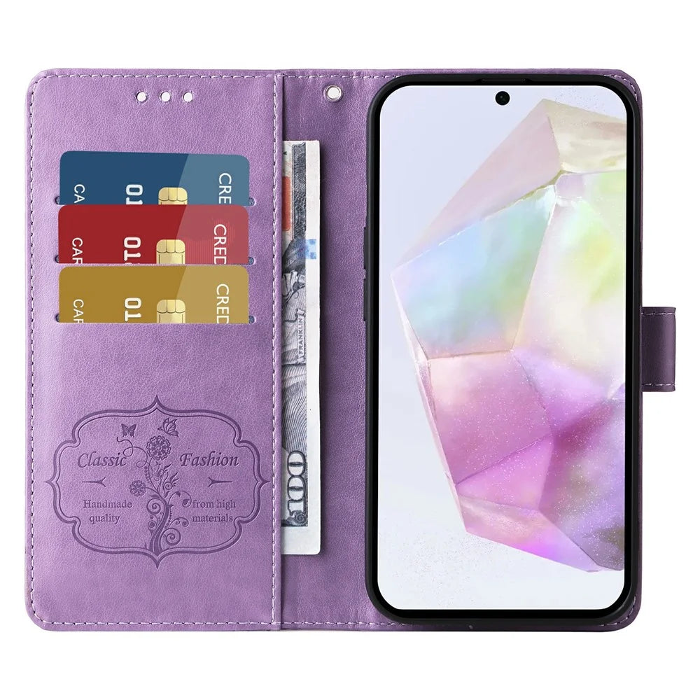 For Samsung Galaxy A36 5G Leather Case Butterfly Floral Imprint Wallet Stand Cover - Purple - 2