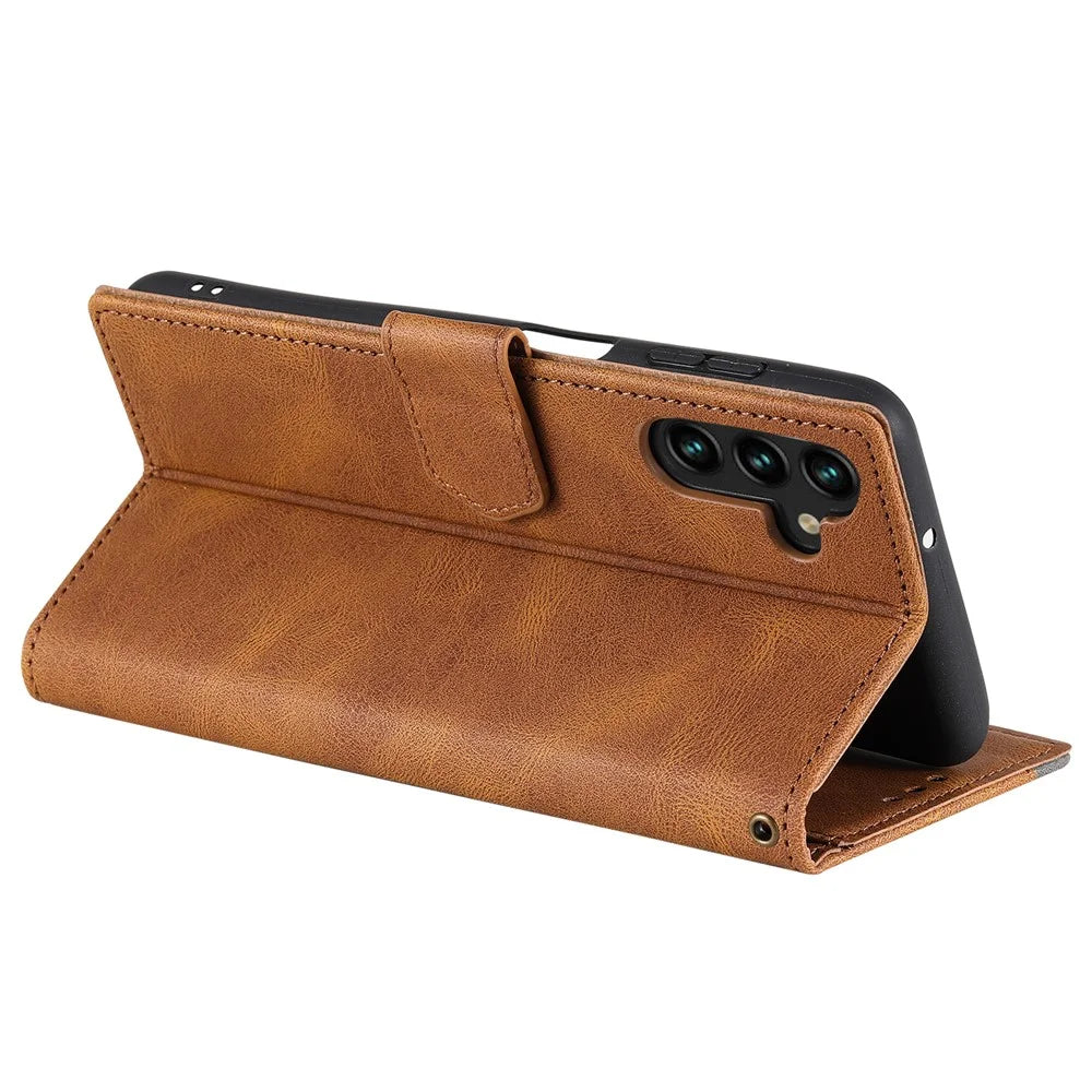 For Samsung Galaxy A26 5G Leather Case Splicing Stitching Wallet Phone Cover with Wrist Strap - Brown - 3