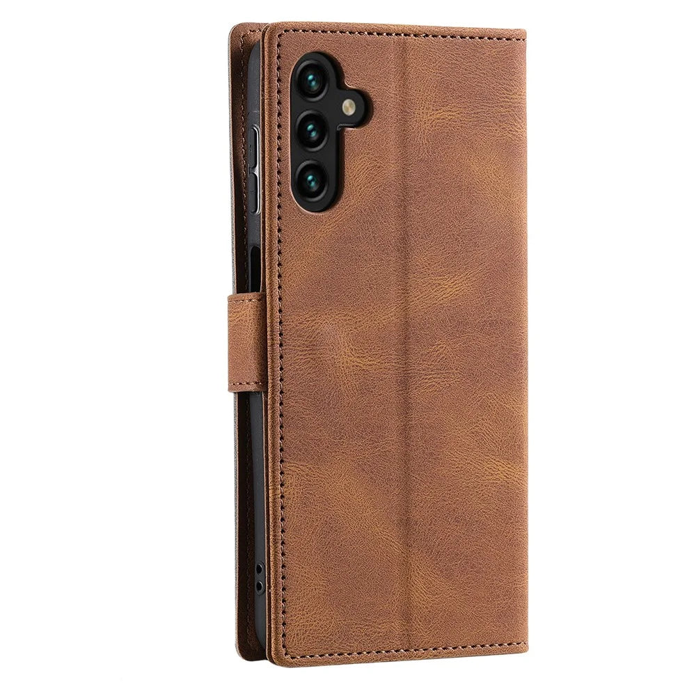 For Samsung Galaxy A26 5G Leather Case Splicing Stitching Wallet Phone Cover with Wrist Strap - Brown - 6
