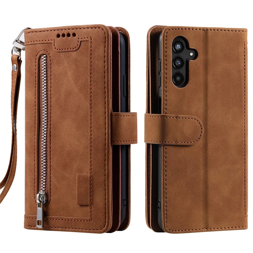 For Samsung Galaxy A26 5G Case PU Leather Phone Cover with Zipper Wallet 9 Card Slots - Brown - 7