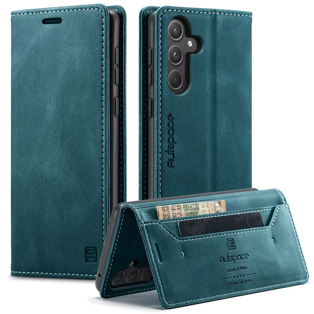 AUTSPACE For Samsung Galaxy A55 5G Wallet Case  A01 Leather Stand Cover with RFID Blocking Card Holder - Blue - 1