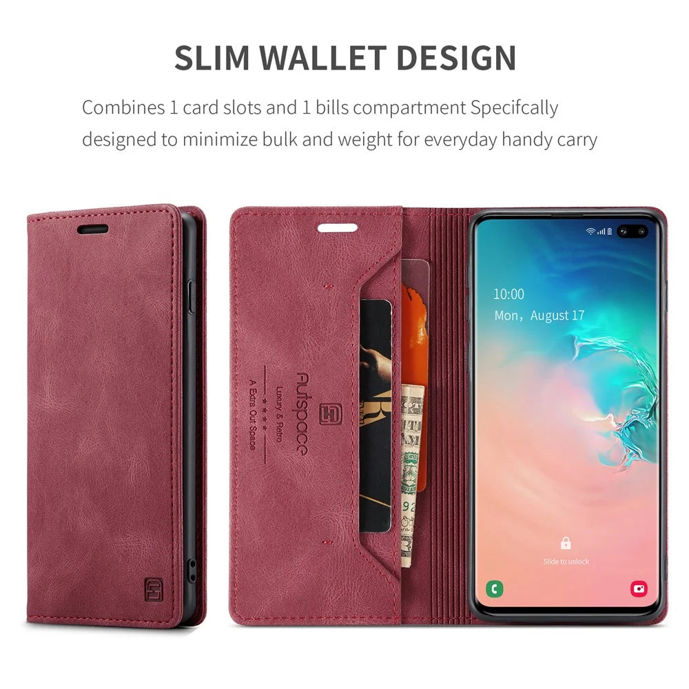 AUTSPACE For Samsung Galaxy S10 Plus Wallet Case  A01 Leather Stand Cover with RFID Blocking Card Holder - Red - 5