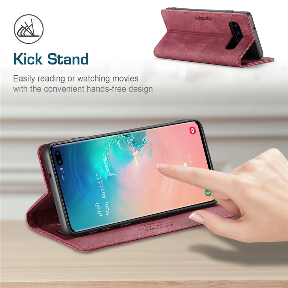 AUTSPACE For Samsung Galaxy S10 Plus Wallet Case  A01 Leather Stand Cover with RFID Blocking Card Holder - Red - 6