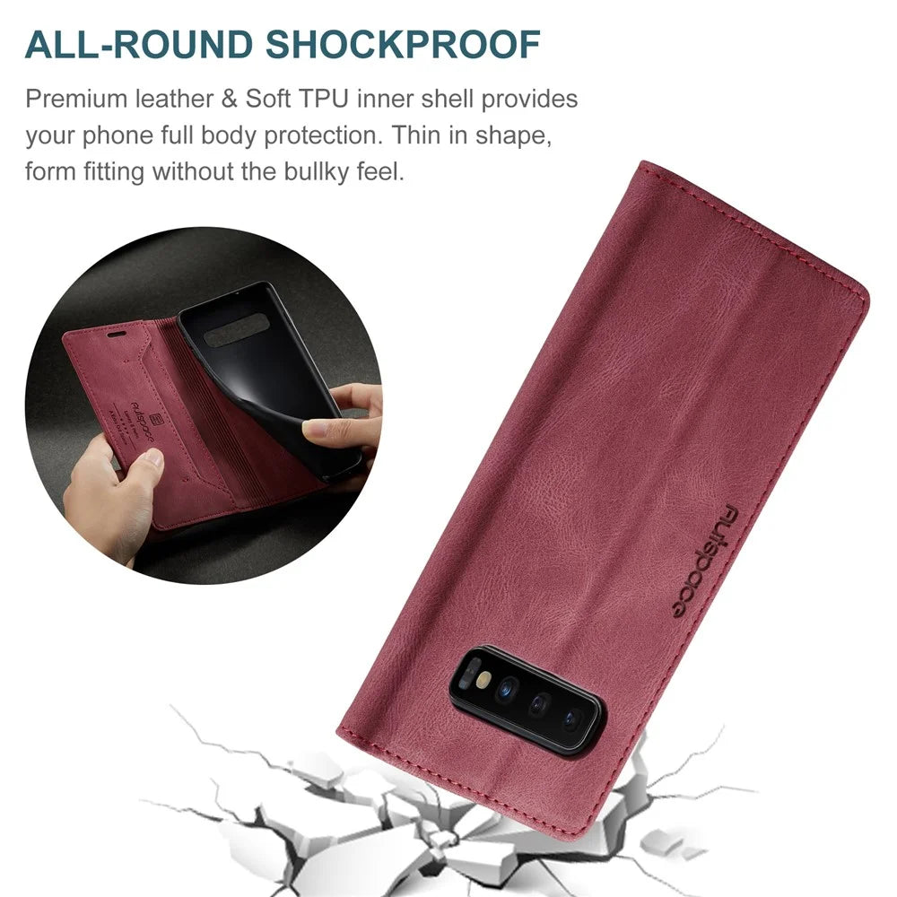 AUTSPACE For Samsung Galaxy S10 Plus Wallet Case  A01 Leather Stand Cover with RFID Blocking Card Holder - Red - 7