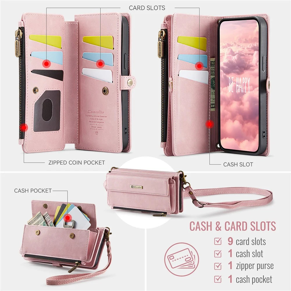 CASEME C39 Series For iPhone 13 Pro Case RFID Blocking 9 Card Slots Zipper Wallet Stand Leather Cover with Strap - Pink - 3