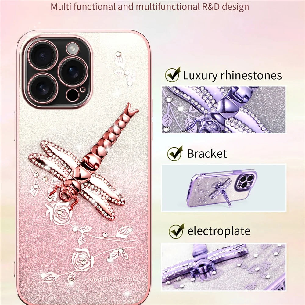 KADEM For iPhone 16 Pro Max Case Dragonfly Kickstand TPU Flowers Glitter Phone Cover - Purple - 2