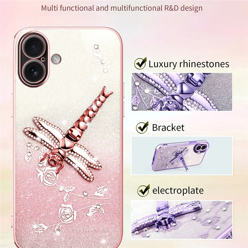 KADEM For iPhone 16 Plus Case Dragonfly Kickstand TPU Flowers Glitter Phone Cover - Purple - 2