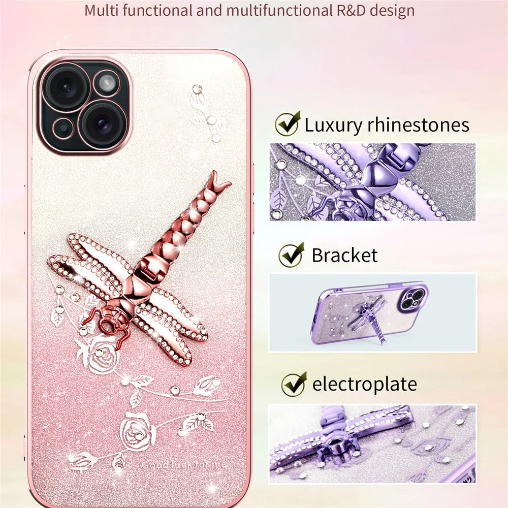 KADEM For iPhone 13 Case Dragonfly Kickstand TPU Flowers Glitter Phone Cover - Pink - 2