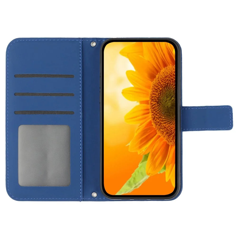 For OnePlus 13R 5G Case Sunflower Imprint Leather Wallet Phone Cover with Wrist Strap - Sapphire - 2