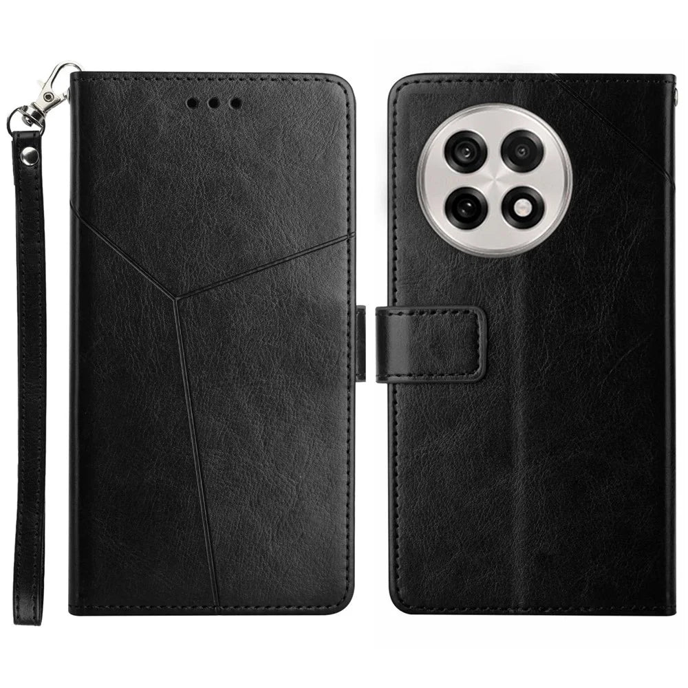 For OnePlus 13R 5G Case with Wrist Strap Y Shaped Lines Imprint Leather Phone Cover - Black - 1