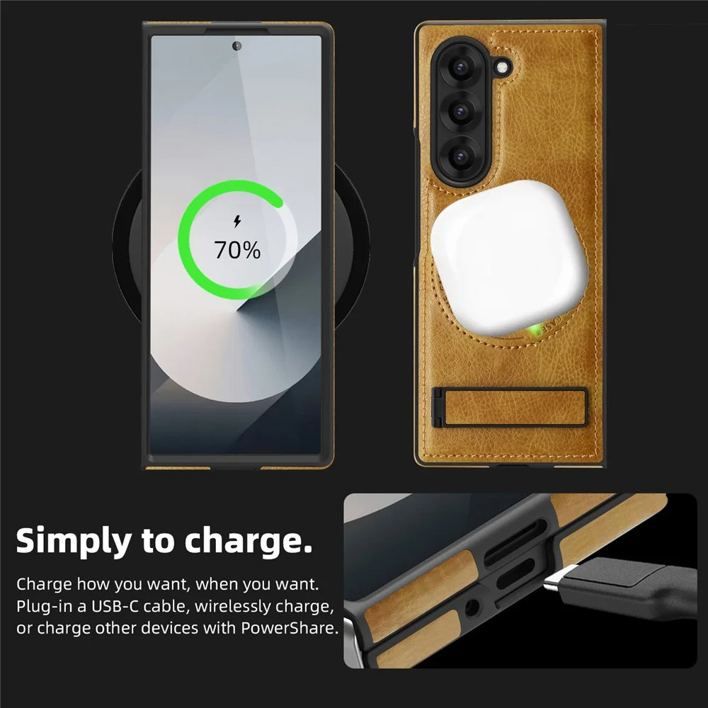 For Samsung Galaxy Z Fold6 5G Magnetic Case with Folded Kickstand PC Silicone Leather Phone Back Cover  - Brown - 7