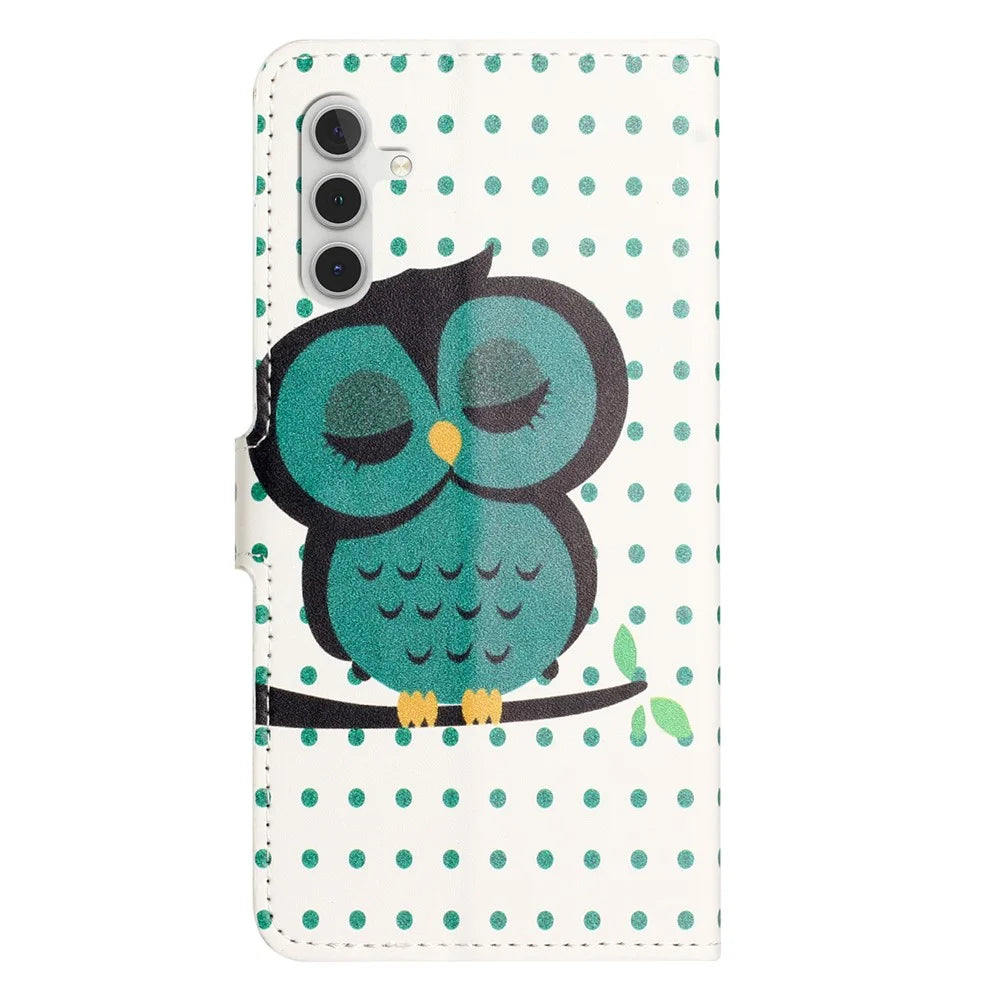 For Samsung Galaxy A37 5G / A36 5G Case Pattern Print PU Leather Wallet Phone Cover - Dots Owl - 5