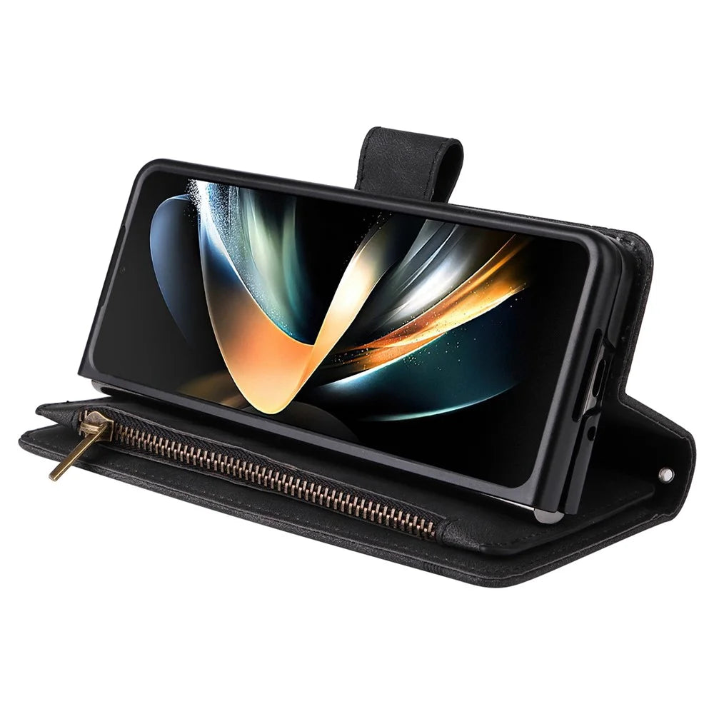 For Samsung Galaxy Z Fold4 5G Shockproof Zipper Pocket Phone Case Imprinted Skin-touch Wallet Stand PU Leather Cell Phone Cover with Multiple Card Slots - Black - 2